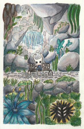 Hollow Knight Greenpath scene in watercolour, May 2023